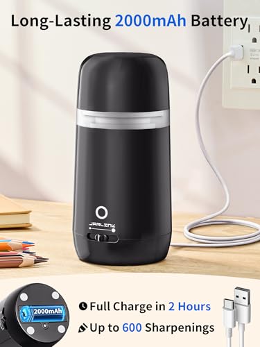 JARLINK Automatic Electric Pencil Sharpener - Hands-Free Operation, 3 Sharpness Modes, 3-Second Sharpening, Rechargeable & Portable for 7-12mm Pencils, Ideal for Classroom and Home Use (Black) - color: Black