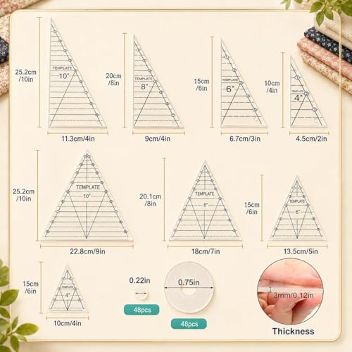 TSV Triangle Quilting Ruler Set: 8 Pack Thick Acrylic Triangle Templates in 4"/6"/8"/10" Size - Accurate Fabric Cutting for Quilter with Triangle Hexagon Diamond Kaleidoscope Geometric Patterns
