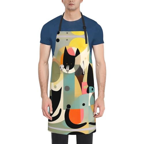 Cartoon heart sun Heavy Duty Waterproof Apron with Pockets for AdultsResistant Grilling, Gardening, Painting - color: Mid-century Modern Art Cat