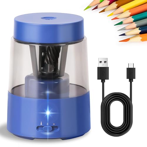 ZMOL Electric Rechargeable Pencil Sharpener, Automatic Pencil Sharpeners Students, Battery Pencil Sharpeners for Colored Pencils, Auto Stop, Suitable for No.2(6-8mm), Classroom/Home Blue - color: D-blue