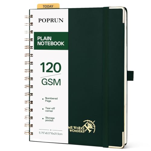 POPRUN Blank Spiral Journal Notebook, A5 Hardcover Sketch Books, 141 Pages Unlined Journals for Women Men, 120 GSM Plain Notebooks for Sketching, Drawing, Painting, 5.75'' x 8.25'', Dark Green - color: Dark Green, style: Minimalist