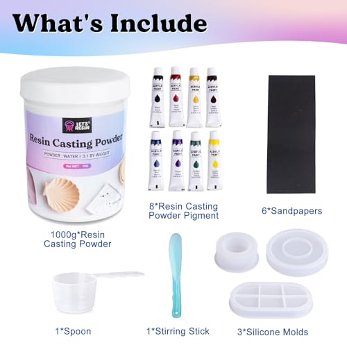 LET'S RESIN Resin Casting Powders Starter Kit, 1000g Fast Cured Odorless Casting Powder, 20~30 Minutes De-Mold, Water Activated Plaster Powder Casting Kit for DIY, Easy Mixing & Self Leveling - size: 1000g