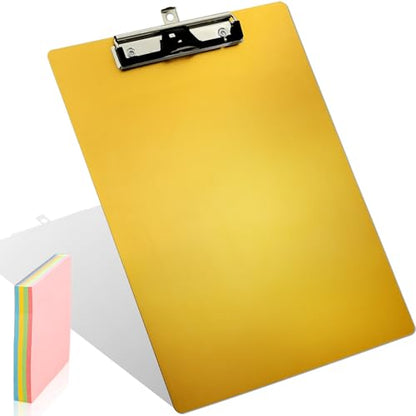 Aluminum Metal Clipboard Stainless Hangable Pen Holder Low-Profile Clip Board Size A4 9" x 12.6" with Sticky Note for School Office Business Medical Professionals Workshop Factory (Gold, Aluminum-A4) - style: Gold