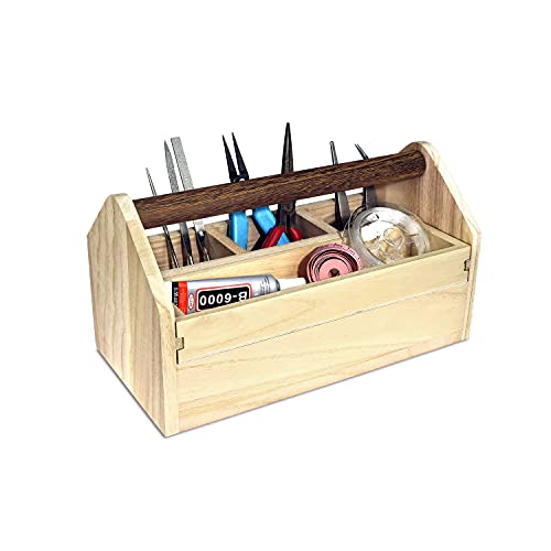 Ikee Design Small Natural Wood Color Wooden Craft Tool Box Caddy with a Handle for Storage Tool, Makeup, Collections with 5 Compartments for Storage and Organizing, 10 W x 5.1 D x 3.5 H in - color: Natural