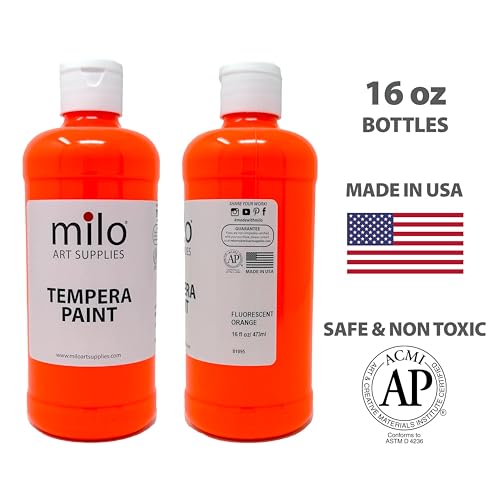 milo Fluorescent Neon Washable Tempera Paint | 16 oz Bottles 6 Colors | Made in the USA | Glows UV in Black Light | Safe & Non-Toxic Paint for Arts & Crafts, Poster, Window, Classroom, School, Project - style: Fluorescent Tempera 6 x 16 oz