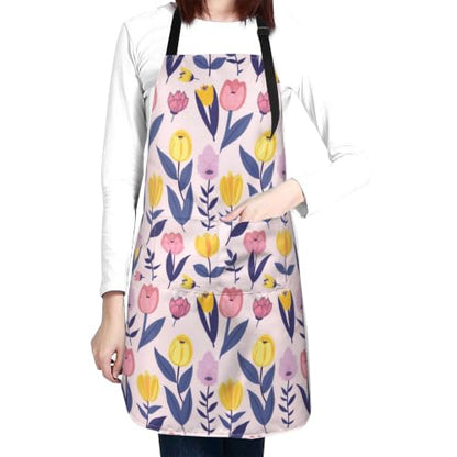 Cream Pastel Wildflower Art Waterproof Apron with Pockets | Garden Aprons for Men Women Adjustable Bib Apron for Cooking Kitchen Baking BBQ Painting Housework Oil Resistant - color: Playful Spring Bloom
