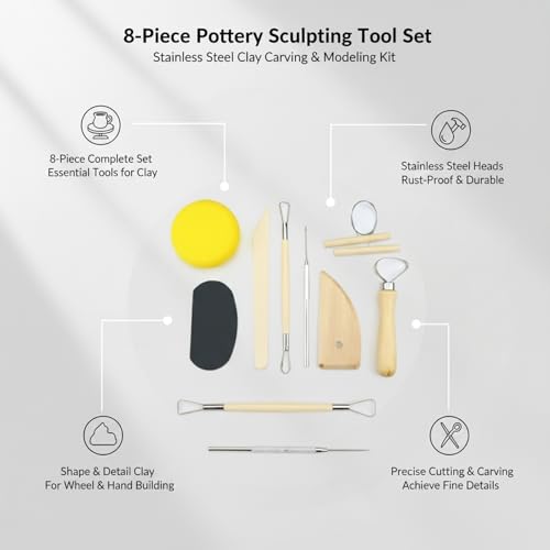 8-Piece Stainless Steel Pottery Tool Kit for Clay Sculpting, Carving & Modeling - Essential Ceramics Set for Wheel Throwing and Hand Building