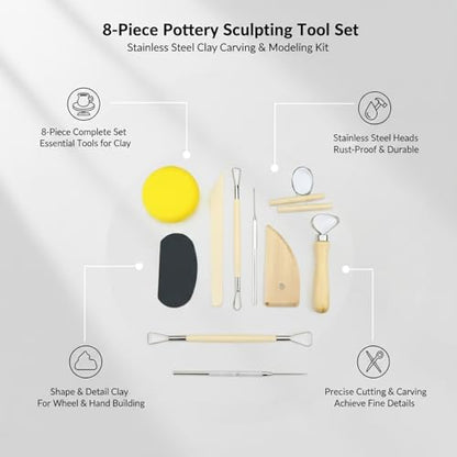 8-Piece Stainless Steel Pottery Tool Kit for Clay Sculpting, Carving & Modeling - Essential Ceramics Set for Wheel Throwing and Hand Building