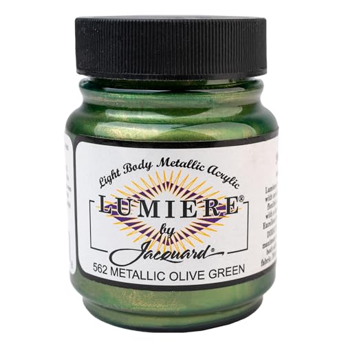 Jacquard Lumiere 2.25oz Fabric Paint Metallic Olive Green - Metallic Paint for Fabric Leather Canvas Paper and Wood - Light-bodied Metallic Acrylic Paint - Lightfast & Vibrant Acrylic Paints - color: Metallic Olive Green, size: 2.25 Fl Oz (Pack of 1)
