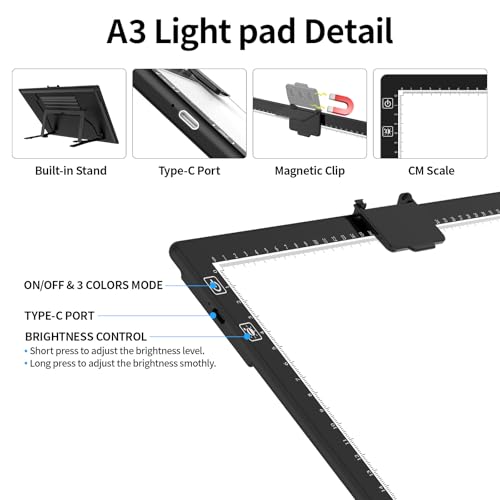 HIUKCOLED Rechargeable A3 Light Pad with Diamond Painting Light Board Carry Bag, Built-in Foldable Stand＆top Clip, 3 Colors/Stepless/6-level Brightness, Battery Powered Wireless LED Tracing Box - style: A3 Stand with Bag