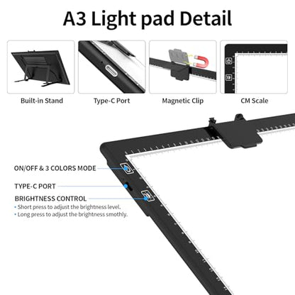 HIUKCOLED Rechargeable A3 Light Pad with Diamond Painting Light Board Carry Bag, Built-in Foldable Stand＆top Clip, 3 Colors/Stepless/6-level Brightness, Battery Powered Wireless LED Tracing Box - style: A3 Stand with Bag
