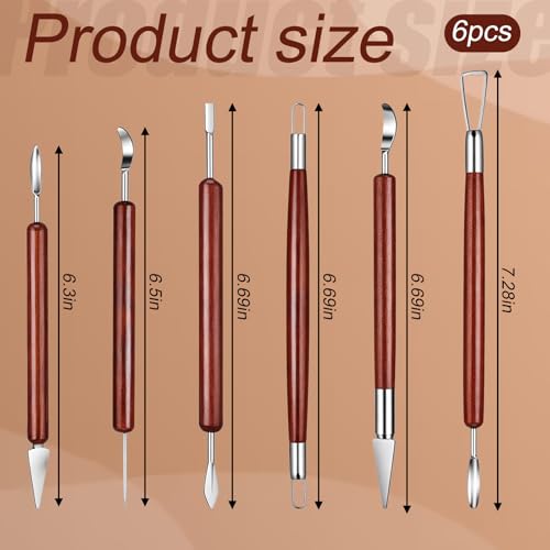 6 PCS Sculpting Tools, Stainless Steel Double Head Air Dry Clay Tools Wooden Handle Polymer Clays Tool for Carving Making Pumpkin Pottery Embossing Shaping DIY Crafts Supplies