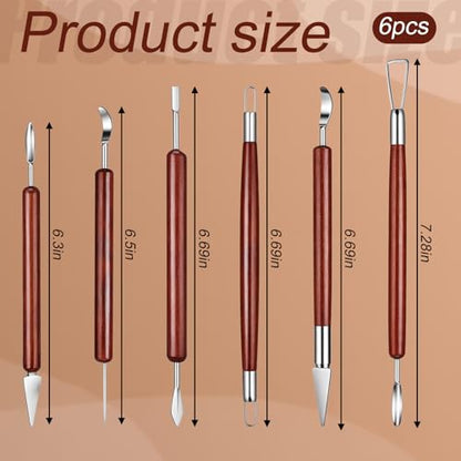 6 PCS Sculpting Tools, Stainless Steel Double Head Air Dry Clay Tools Wooden Handle Polymer Clays Tool for Carving Making Pumpkin Pottery Embossing Shaping DIY Crafts Supplies