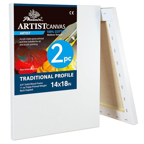 PHOENIX 14x18 Inch 2 Pack Artist Canvas - Large Stretched Canvases for Painting - 3/4 Inch Profile, 100% Cotton 11 Oz. Gesso Primed White Blank Professional Canvas Oil & Acrylic Paints - size: 14"x18", style: Traditional