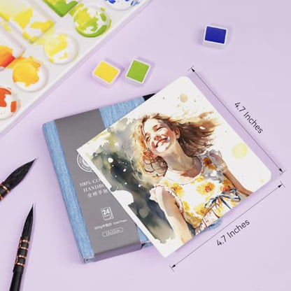 Lightwish Square Watercolor Journal,2 Pack Total 48 Sheets 100% Cotton,300gsm/140lb,Acid-Free,Cold Press Watecolor Sketchbook for Artists Adults Students,4.7 * 4.7 Inches(Blue) - color: Blue