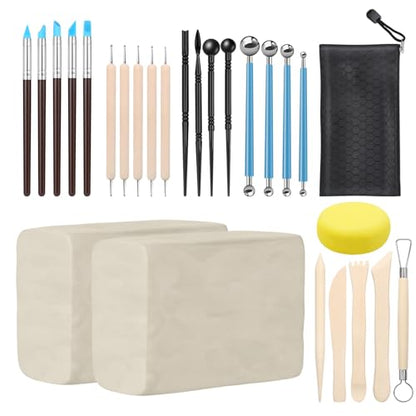 ZEHIQ White Air Dry Clay 2.2 lbs with 25pcs Pottery Sculpting Tools Set | Natural Modeling Clay, Pottery Wheel & Hand Building, DIY Craft Projects, Perfect for Beginners and Professional artists - color: 2.2lbs white + tools