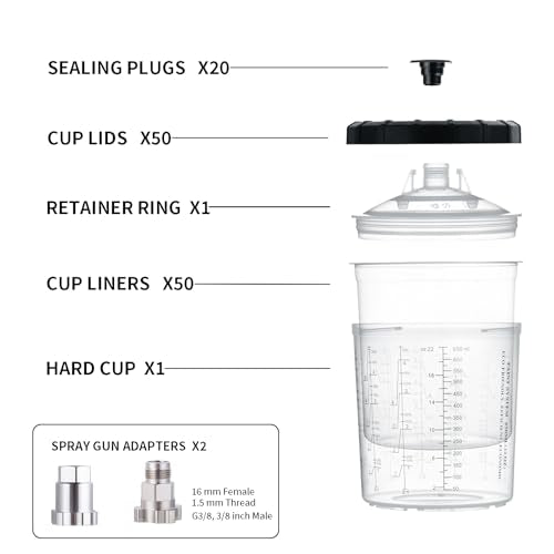 AEROPRO TOOLS Disposable Paint Cups Liners and Lid System, 50 Pack 22 Ounce (650ml) Kit for Spray Gun - 50 Liners, 50 Lids With Strainer, 1 Hard Cup With Retainer Ring, 20 Plugs, 2 Adapters - size: 22 oz (Standard)
