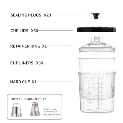 AEROPRO TOOLS Disposable Paint Cups Liners and Lid System, 50 Pack 22 Ounce (650ml) Kit for Spray Gun - 50 Liners, 50 Lids With Strainer, 1 Hard Cup With Retainer Ring, 20 Plugs, 2 Adapters - size: 22 oz (Standard)