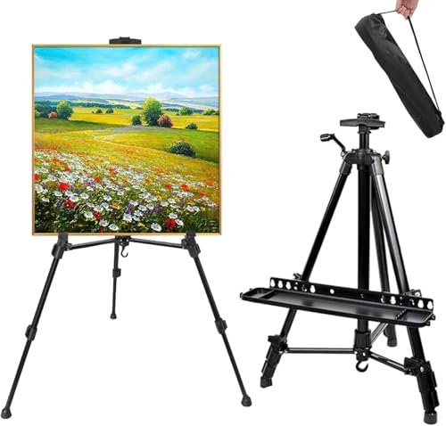 Art Easel Aluminum Alloy Portable Extendable Easel with Hand Crank Adjustable to 61.8 '' Drawing Board Holder, Compass, Level and Storage Bag -for Artists, Painters, Sketching, Outdoor Painting - style: Black