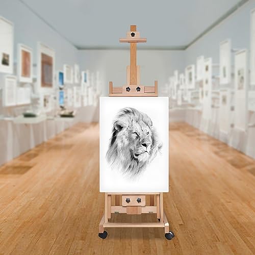 Wooden H-Frame Easel, 56" to 91" H Studio Easel with Large Storage Tray Adjustable Sturdy Beech Wood Desktop Art Easel, Portable Painting & Display Table with Large Storage Tray and Wheel,18.9*20.87in
