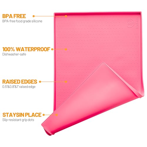 Hubulk Dog Feeding Mat,100% Waterproof Food Grade Silicone Pet Food and Water Bowl Placemat,Dishwasher, High Raised Edge to Prevent Spills,Nonslip Tray to Stop Messes on Floor (19"x12"x0.5", Pink) - color: Pink, size: 19"l X 12"w