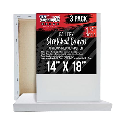 U.S. Art Supply Medium Stretched Canvas for Painting 14x18 inch Gallery Depth 1-1/2" Thick, 3-Pack - 12oz Acrylic Gesso Triple Primed, Professional Artist Quality, 100% Cotton - Oil, Pouring Paint - size: 14" x 18"
