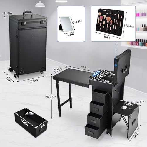 Joligrace Rolling Manicure Table with Pedicure Chair 4 Drawers Rolling Makeup Case Foldable Nail Desk Cosmetology Case on Wheels Brush Pouch Mirror Nail Kits Technician Workstation Artist Trolley