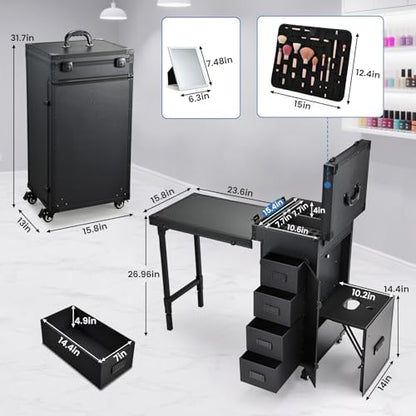 Joligrace Rolling Manicure Table with Pedicure Chair 4 Drawers Rolling Makeup Case Foldable Nail Desk Cosmetology Case on Wheels Brush Pouch Mirror Nail Kits Technician Workstation Artist Trolley