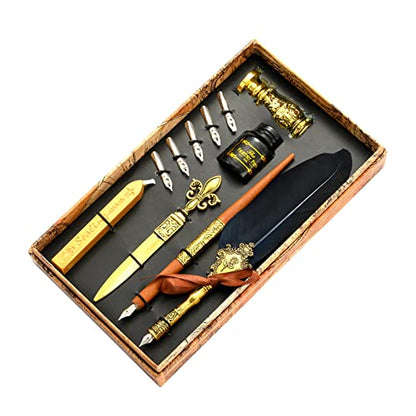Joyeee Quill Pen Calligraphy Pen Set, Feather Dip Pen Set with Wood Dip Pen, 17 Different Size Comic Pen Nibs, Metal Sealing Wax Stamp and Dip Pen Holder, Wax Seal Sticks, Black Ink, Navy Blue - color: #109 Navy blue