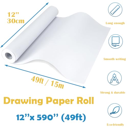 Easel Paper Roll 12 Inch x 49 Feet, Durable Drawing Paper for Kids Art,White Bulletin Board Paper,Craft Paper Roll for Paints, Wall Art and Gift Wrap ﻿