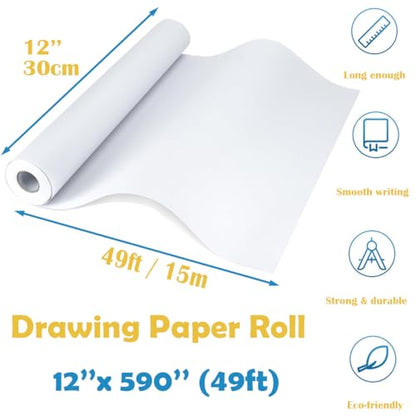 Easel Paper Roll 12 Inch x 49 Feet, Durable Drawing Paper for Kids Art,White Bulletin Board Paper,Craft Paper Roll for Paints, Wall Art and Gift Wrap ﻿