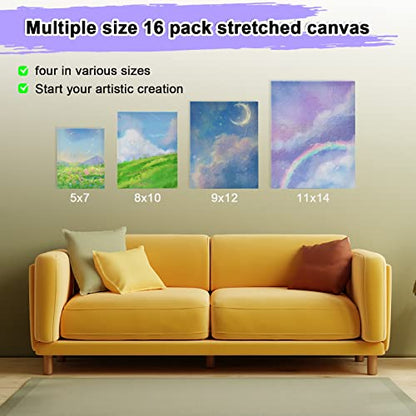 Inburit Canvas for Painting for Adults & Kids 16 Pack with 11x14, 9 x12, 8x10, 5x7 (4 of Each), Blank Primed Stretched Canvases for Oil, Acrylic & Other Painting Media - size: 16PCS+(4sizex4)