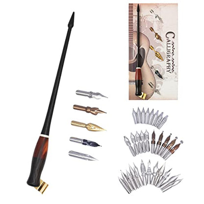 Calligraphy Oblique Dip Pen Holder Set, Wooden Pen Handle with 35 Stainless Steel Pen Nib Manga Dip Pen Kit for Drawing Comic Hand Lettering Signing, Black - color: Black