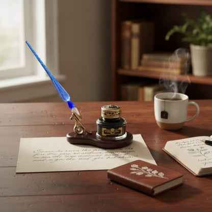 Nostalgic Impressions Glass Dip Pen and Ink Desk Set – Oval Wood Stand with Bronze Holder and Glass Inkwell – Hand-Blown Murano Style Calligraphy Pen with 40ml Black Ink -Blue Shimmer N3600BXSTMUBL