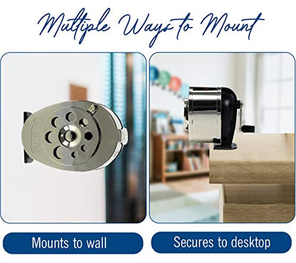 EXTRIC Pencil Sharpener Manual Desktop & Wall Mount Hand Crank Sharpeners | Works for Desktop and Wall Mount, Heavy Duty Metal Hand Crank Pencil Sharpener, 8 Size Holes for Classroom Use