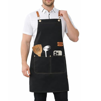 Chef Apron for Men & Women – Heavyweight Waterproof Canvas with Cross-Back No-Neck-Pain Design, 4 Pockets & Genuine Leather Ties, Adjustable Cooking Apron for BBQ Grilling Coffee Shop