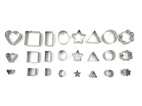 Mini Multi Shape Fondant Cutters Set – 24 Pc Set 430 Stainless Steel - Great for Fondant and Crafting Clay- Stars, Hearts, Flowers, 5 type of Geometric Shape