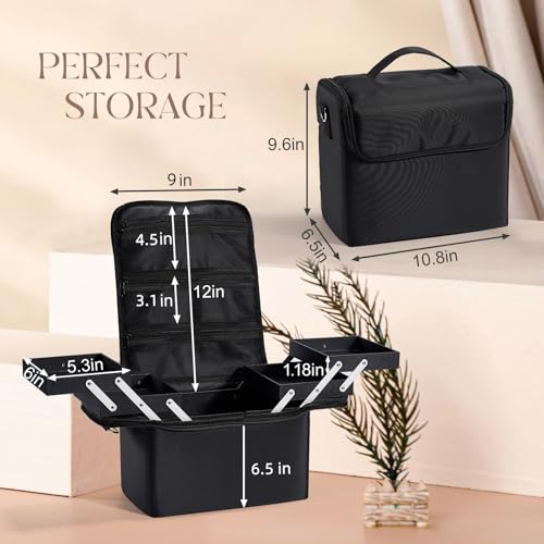 Yueieoun Large Makeup Case,Nail Bag with 4 Tier, Travel Makeup Box Organizer,Nail Kit Storage Tattoo Bag Make Up Case for women/Nail Art/Eyelash Extension/Tattoo/MUA, with luggage sleeve, Black - size: Medium