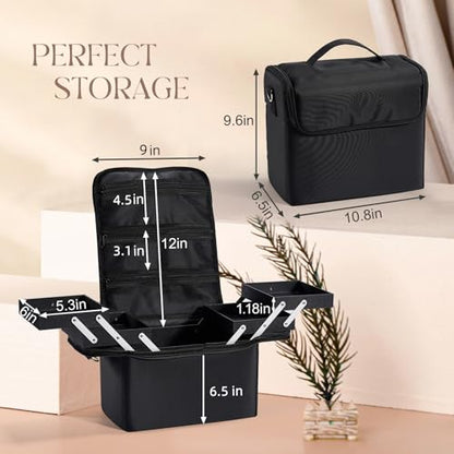 Yueieoun Large Makeup Case,Nail Bag with 4 Tier, Travel Makeup Box Organizer,Nail Kit Storage Tattoo Bag Make Up Case for women/Nail Art/Eyelash Extension/Tattoo/MUA, with luggage sleeve, Black - size: Medium
