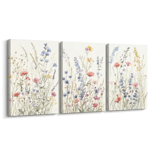 MTFBWY Wildflower Canvas Wall Art Set of 3 Cottagecore Floral Canvas Pictures Vintage Meadow Botanical Watercolor Flower Prints for Bedroom Living Room 12x16 Inch - color: Blue Watercolor, size: 12x16 Canvas