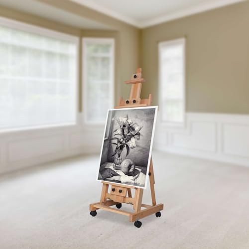 Wooden H-Frame Easel, 56" to 91" H Studio Easel with Large Storage Tray Adjustable Sturdy Beech Wood Desktop Art Easel, Portable Painting & Display Table with Large Storage Tray and Wheel,18.9*20.87in