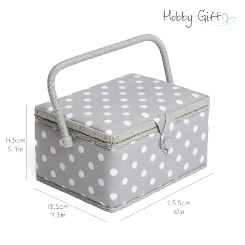 Hobby Gift Medium Sewing Box Organiser, Fabric Covered Storage Box with Handle, Internal Tray, Pin Cushion and Pocket for Sewing, Quilting and Knitting Supplies - color: Grey Spot