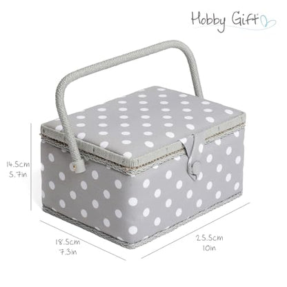 Hobby Gift Medium Sewing Box Organiser, Fabric Covered Storage Box with Handle, Internal Tray, Pin Cushion and Pocket for Sewing, Quilting and Knitting Supplies - color: Grey Spot