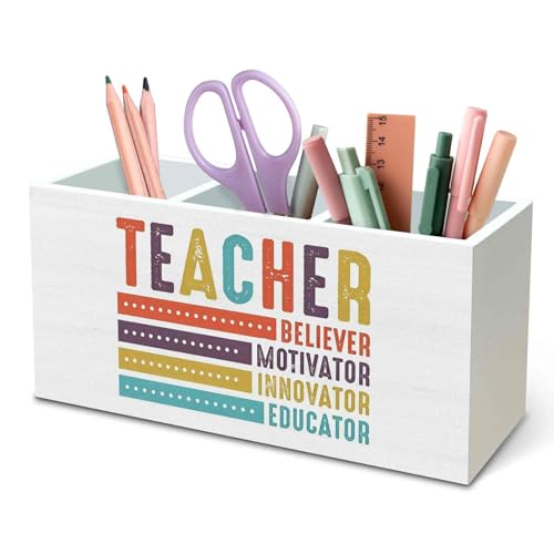 DILSJ Teacher Gifts Pen Pencil Holder Organizer for Desk, Teacher Appreciation Gifts, Inspirational Para Appreciation Gifts Wooden Box Signs for Classroom Office Desk Tabletop Decoration - color: Teacher
