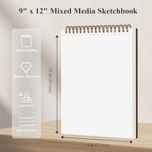 Mixed Media Sketchbook 9" x 12" - Multimedia Sketchbook Hardcover, Spiral Bound, 60 Sheets 98lb/160gsm Mixed Media Paper, Watercolor Sketch Books for Artist Supplies, Painting, Drawing & Art Supplies. - size: 9" x 12" (Pack of 1)