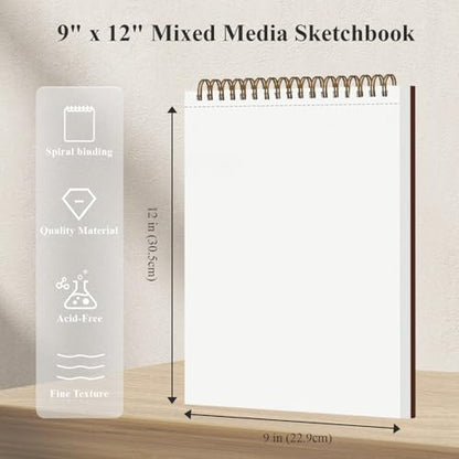 Mixed Media Sketchbook 9" x 12" - Multimedia Sketchbook Hardcover, Spiral Bound, 60 Sheets 98lb/160gsm Mixed Media Paper, Watercolor Sketch Books for Artist Supplies, Painting, Drawing & Art Supplies. - size: 9" x 12" (Pack of 1)