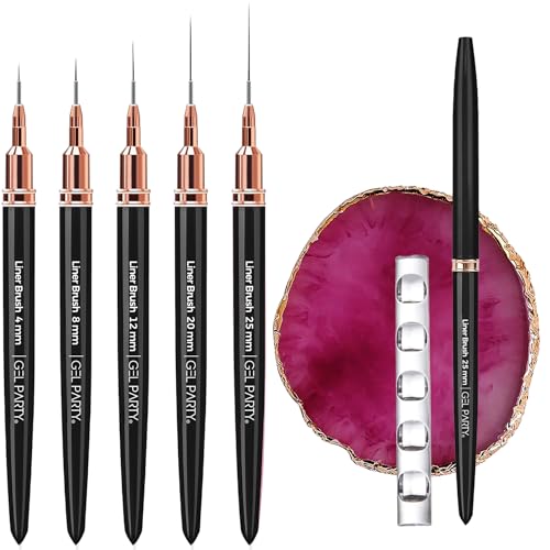 GELPARTY 7Pcs Black Nail Art Brush Set - Professional Ultra-Fine Liner & Detail Brushes for Gel Polish & Acrylic Nails - Includes Purple Agate Palette & Holder - Manicure Design Tool Kit - color: Black