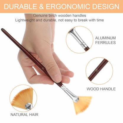 12 Pcs Fan Paint Brushes Artist Painting Brush Set Professional Nylon Hair Fan Brush Wood Handle Paint Brushes Soft Anti-Shedding Wood Short Handle for Acrylic Watercolor Oil Gouache
