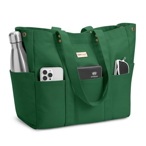 TOPDesign Large Canvas Tote Bag for Women, Shoulder Bag with Laptop Sleeve & Pockets, Everything Tote for Travel, Work (Dark Green) - color: Dark Green