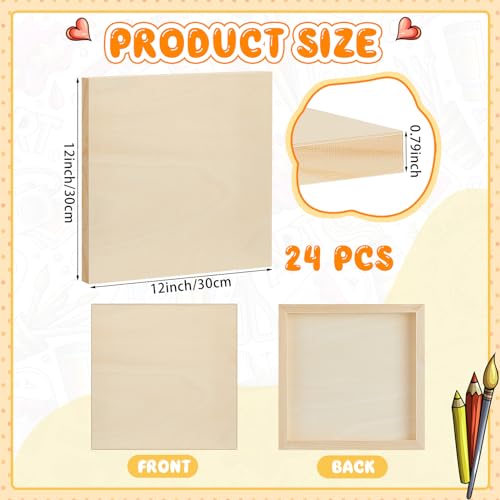 Barydat 24 Pcs Wood Panels for Painting 12'' x 12'' Unfinished Wood Canvas Board Artist Wall 0.79'' Deep Wooden Cradled Panel for DIY Crafts, Easel Display, Painting Pouring Arts Use with Oil, Acrylic - size: 12" X 12"